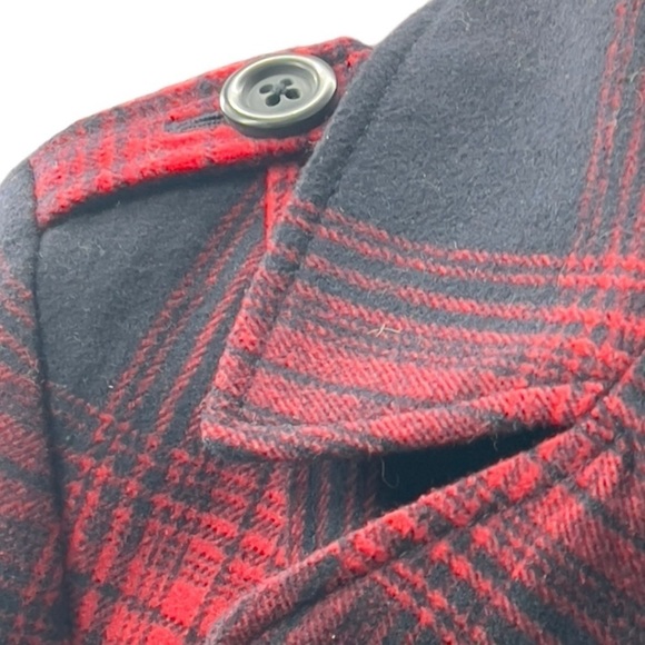 Red Black Plaid Wool Blend Pea Coat Jacket - Picture 4 of 5
